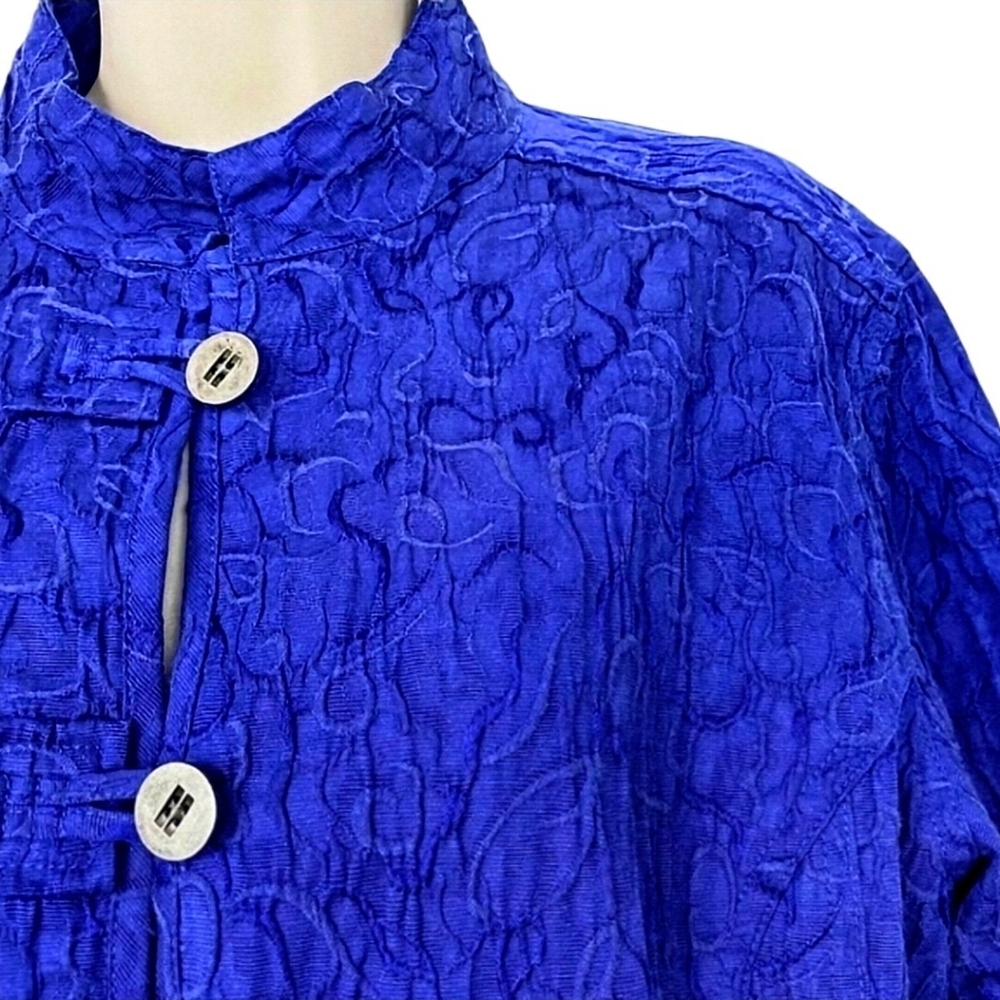 Chico's Cobalt Blue Textured Jacket Mandarin Collar Nehru-Frog Button